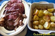 Rôti de bœuf (rosbif), pommes de terre et oignons sauciers à la graisse de canard