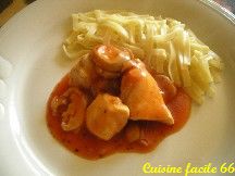 Sauté de poulet, sauce tomate au basilic et champignons de Paris